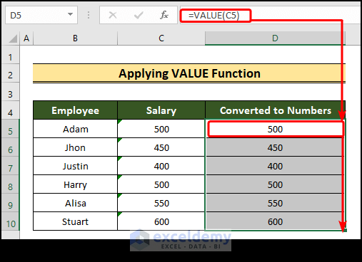 applying value function to convert text to numbers in excel 