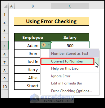 selecting from error checking to convert text to numbers in excel 