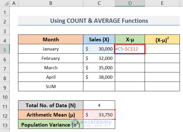 Calculate Population Variance in Excel