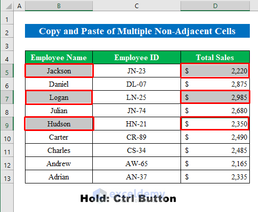 Copy and Paste Multiple Non-Adjacent Cells in Excel