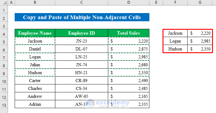 Copy and Paste Multiple Non-Adjacent Cells in Excel