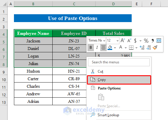 Use Paste Options to Copy and Paste Multiple Cells