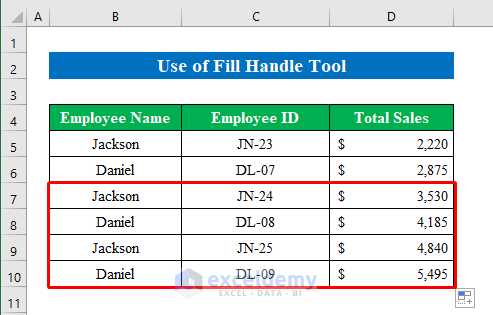 Utilize Fill Handle Tool to Copy Multiple Cells