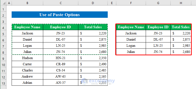 Use Paste Options to Copy and Paste Multiple Cells