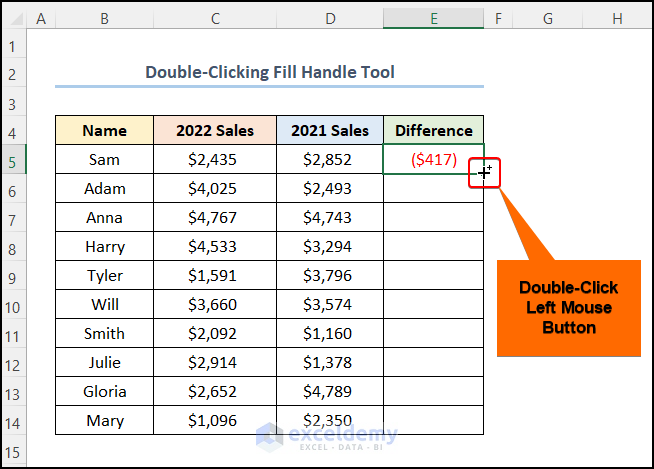 Double clicking fill handle tool