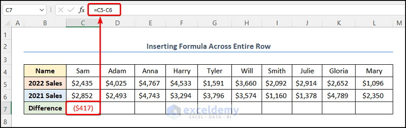How to Insert Formula in Excel for Entire Row