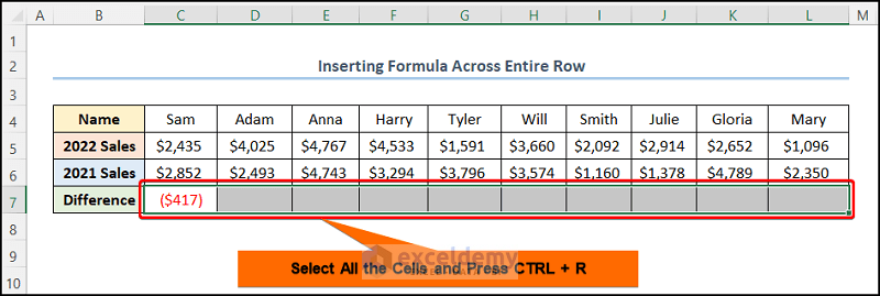 applying formula across rows