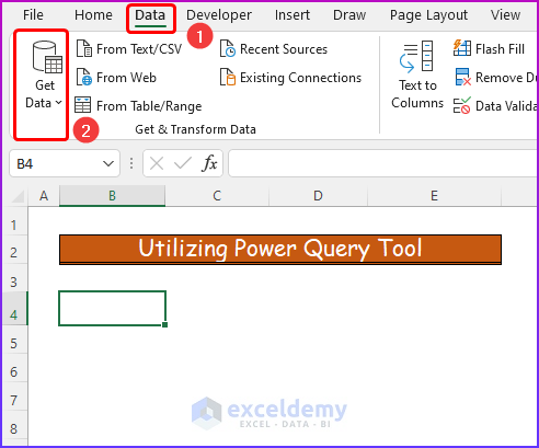 Selecting Data Tab for Utilizing Power Query Tool as a Easy Way to Merge Excel Worksheets Without Copying and Pasting