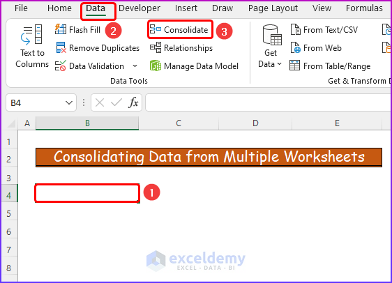 Selecting Data Tab for Consolidating Data from Multiple Worksheets as a Easy Way to Merge Excel Worksheets Without Copying and Pasting 