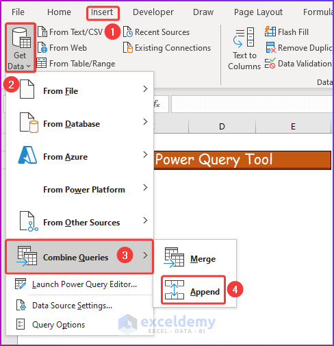 Applying Append Command for Utilizing Power Query Tool as a Easy Way to Merge Excel Worksheets Without Copying and Pasting
