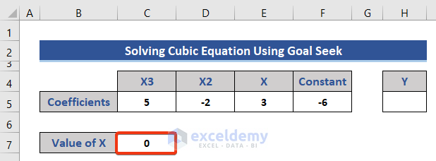 Insert initial value of variable for solving equations in Excel using goal seek