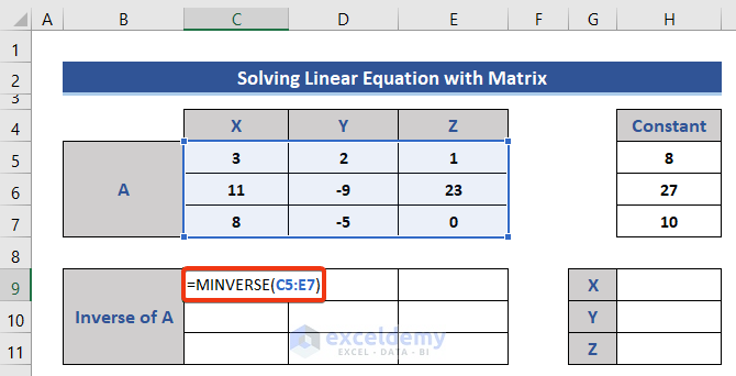 Use MINVERSE function in Excel for solving Linear Equations