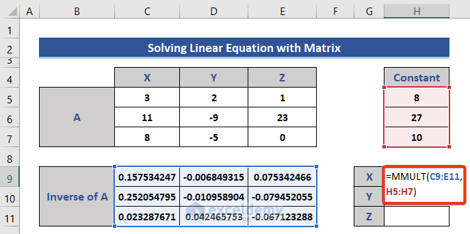 Solve linear equations from the product of two matrix using MMULT function in excel