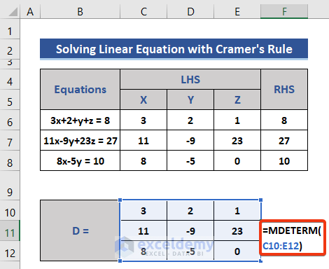 Apply MDETERM formula to get determinant of matrix for solving linear equations in Excel