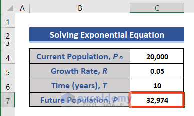 Get result after solving the exponential equation in Excel