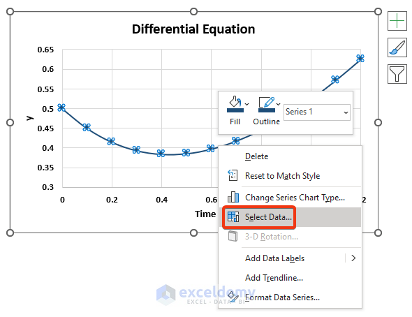 Select new data for solving differential equations in Excel
