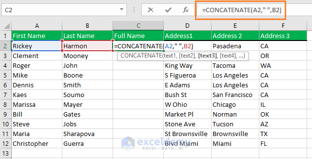 Use Excel's Concatenate Function in the new column