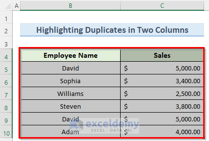 select dataset to highlight duplicates in two columns in excel