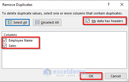 remove duplicates feature to remove duplicate rows based on two columns in excel