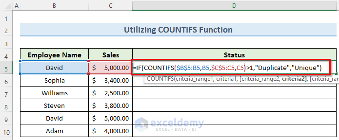 COUNTIFS function to remove duplicate rows based on two columns in excel