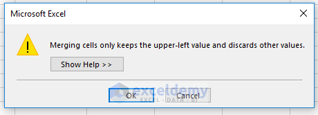 Microsoft Excel warning message. You cannot merge cells and keep both of cells' data using the Merge and Center command.