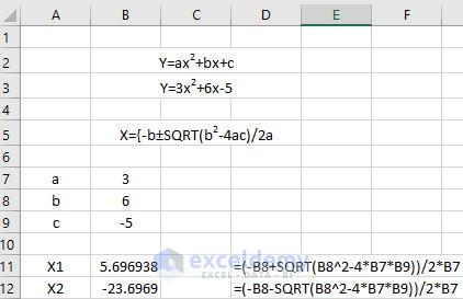 how to solve quadratic equation in excel