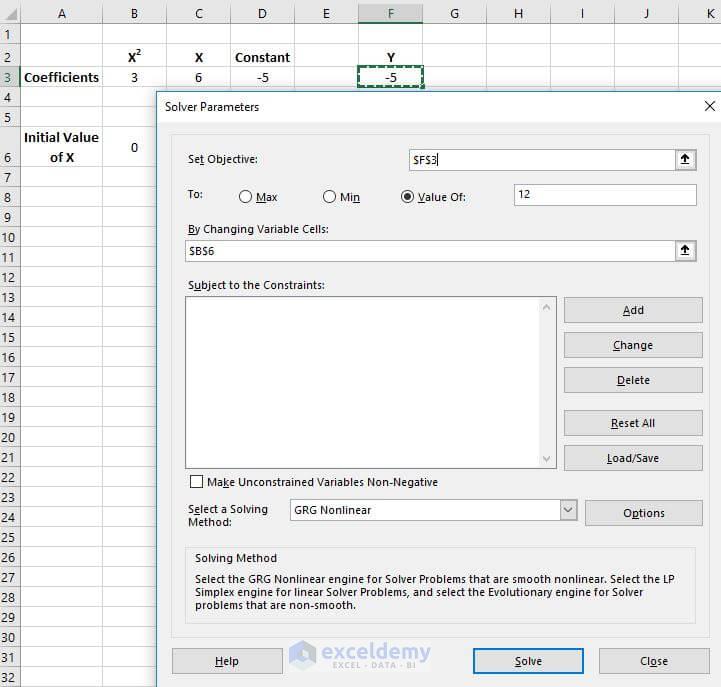 Use of Solver to Solve Quadratic Equation in Excel