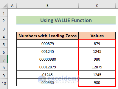 Showing result to Remove Leading Zeros in Excel