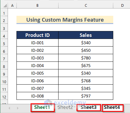 Selecting Multiple Worksheets to Use Custom Margins Feature to Center Selected Worksheets in Excel