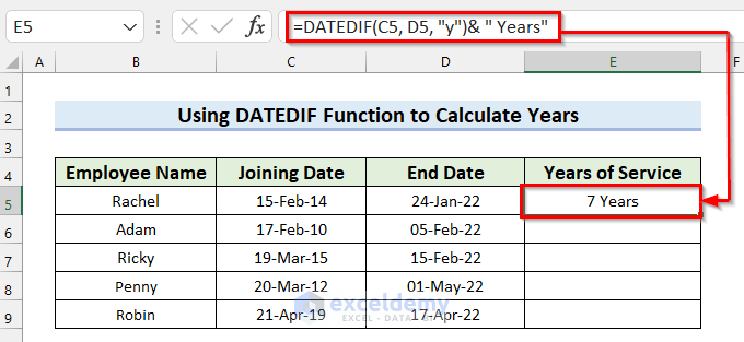 Use of DATEDIF Function to Calculate Years of Service in Excel