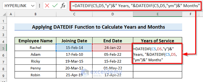 Applying DATEDIF Function to Calculate Years and Months