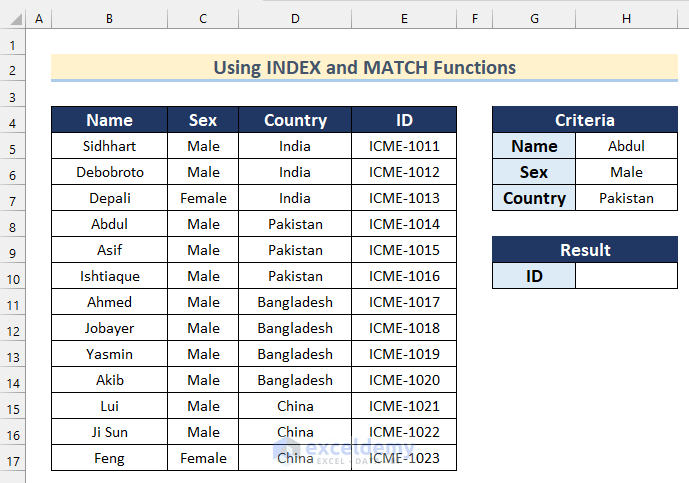 Applying INDEX and MATCH Functions for Multiple Criteria and Single Result in Excel