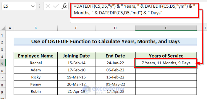 Use of DATEDIF Function to Calculate Years, Months, and Days