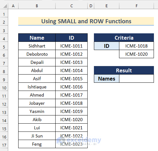 Using SMALL and ROWS Functions with INDEX and MATCH Functions to Find Multiple Results with Multiple Criteria in Excel