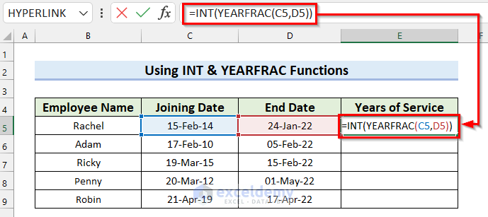 Using INT & YEARFRAC Functions to Calculate Years of Service