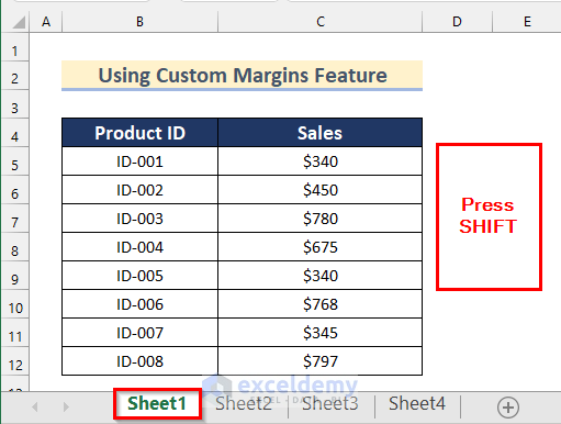 Choosing Sequential Worksheets to Use Custom Margins Feature to Center Selected Worksheets in Excel