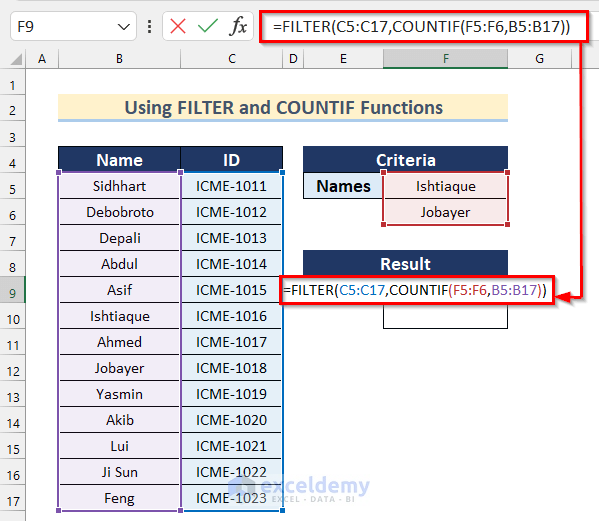 Using FILTER and COUNTIF Functions to Find Multiple Results with Multiple Criteria in Excel