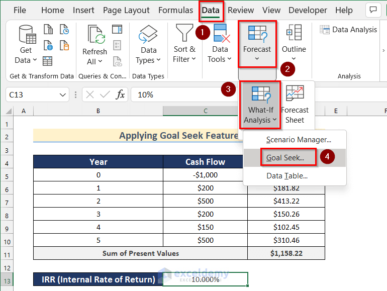 Applying Goal Seek Feature to Calculate IRR in Excel
