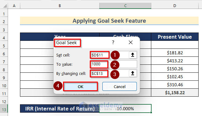 Opening Goal Seek Box to Calculate IRR (Internal Rate of Return) in Excel