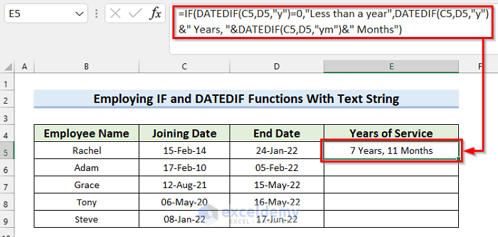Using IF and DATEDIF Functions to Calculate Years of Service in Excel