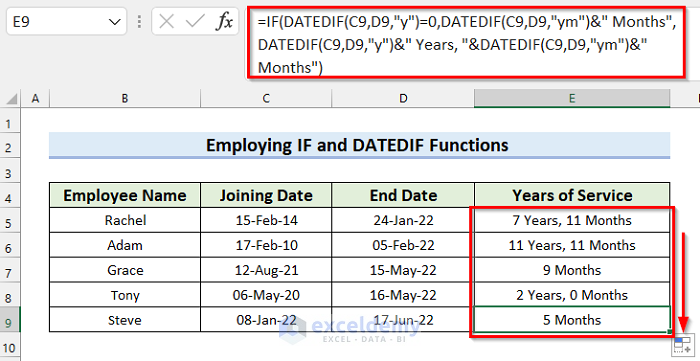 Doing Logical Test to Calculate Years of Service in Excel