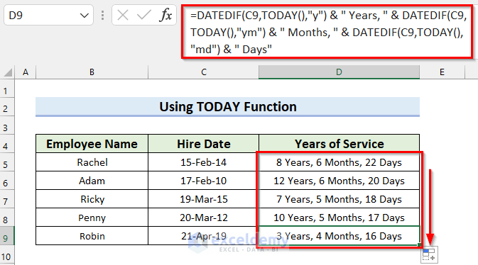Use of TODAY function to Calculate Years of Srvice in Excel