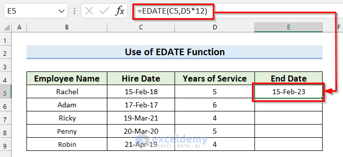 End Date of Years of Service in Excel