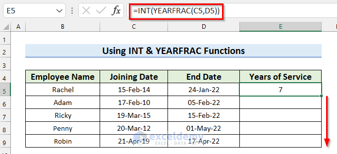 Dragging Fill Handle to Copy the Formula to Calculate Years of Service in Excel