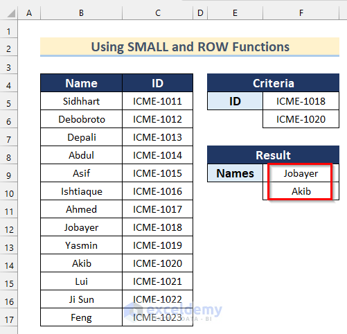 Excel INDEX MATCH Functions with Multiple Criteria to Find Multiple Results Using SMALL and ROW Functions