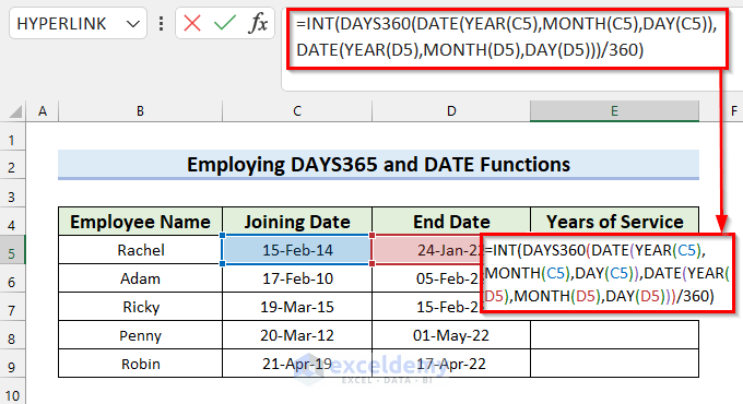 Employing DAYS360 and DATE Functions to Calculate Years of Service in Excel