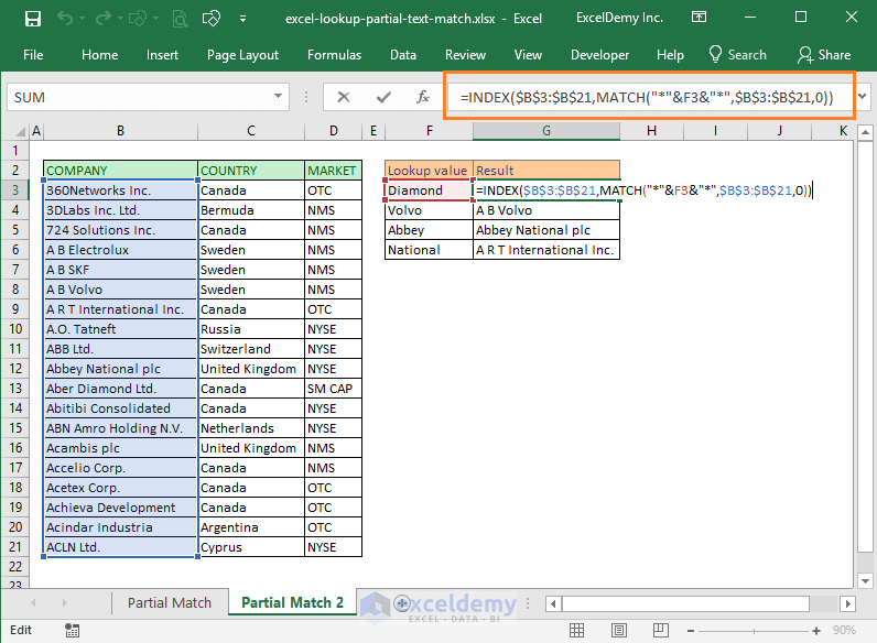 Excel lookup partial text match using Index Match functions combo