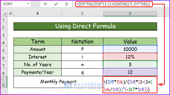 Using Direct Formula to Calculate Monthly Payment in Excel