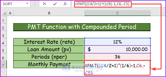  Applying PMT Function with Compounded Period to Calculate Monthly Payment in Excel