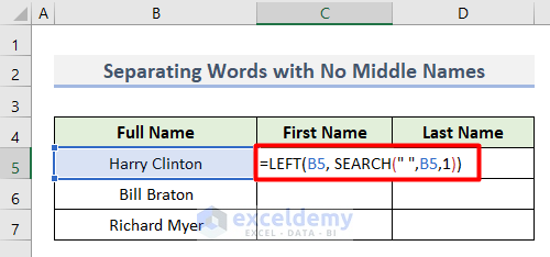 Apply Excel Formula to Separate Words in Different Names
